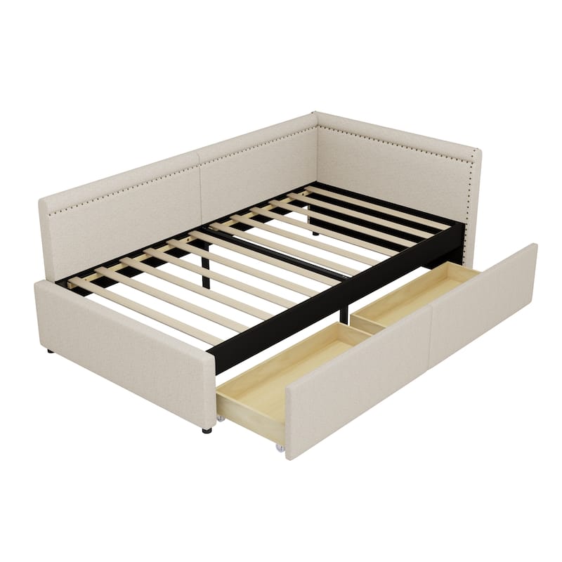 Roomfitters Twin Size L-Shaped Upholstered Corner Daybed with Two Storage Drawers, Modern Linen Fabric Bed Frame