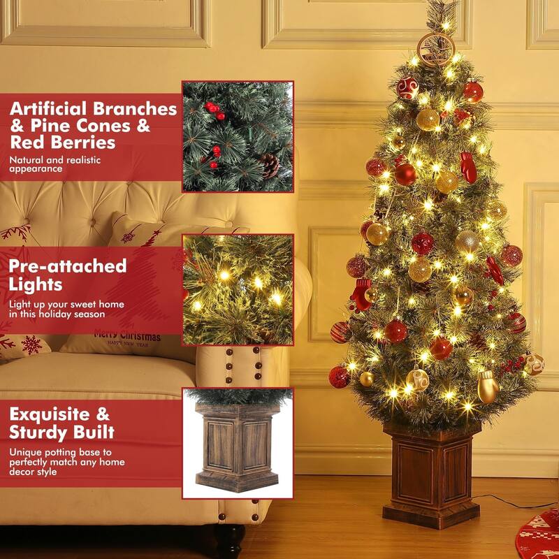 4.5 Ft Artificial Christmas Tree with 200 Warm White LED Lights and Red Berries Potted Base Holiday Xmas Tree
