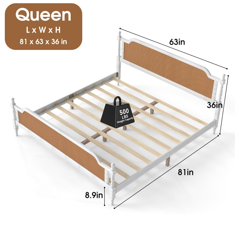Wooden Platform Bed Bed Frame w/Hand-Woven Rattan Headboard & Footboard, Boho and Mid Century Style Bed Frame, Solid Pine Wood