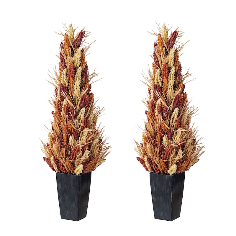 Glitzhome 38"H Farmhouse Fall Harvest Multi-Colored Sorghum Porch Tree - 2PK