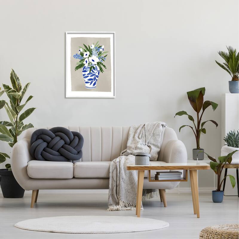 Stupell White Poppies Flower Leaves Traditional Chinoiserie Pattern Vase Framed Wall Art,Design by Doodles.Ink. - Blue