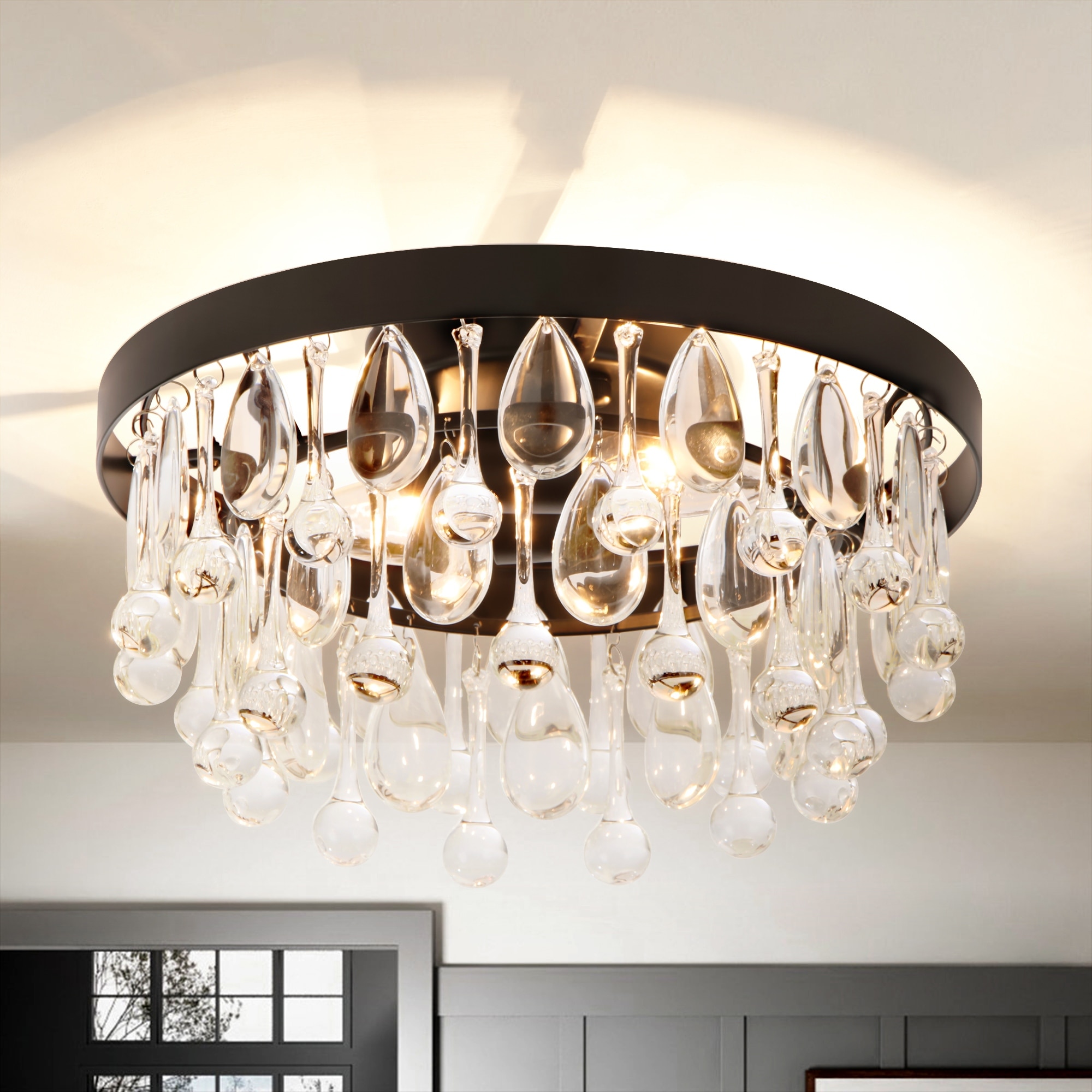 Rennnsan 12" 2-Light Modern Minimalist Crystal Drop Chrome/Black Crystal Flush Mount Ceiling Light for Bedroom
