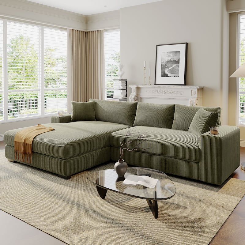 111.5" Corduroy Sectional Sofa Oversized 3 Seat L Shaped Sofa with 2 Built-in Cup Holders and Charging Ports - Green