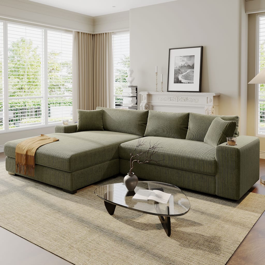 111.5" Corduroy Sectional Sofa with USB & Cup Holders