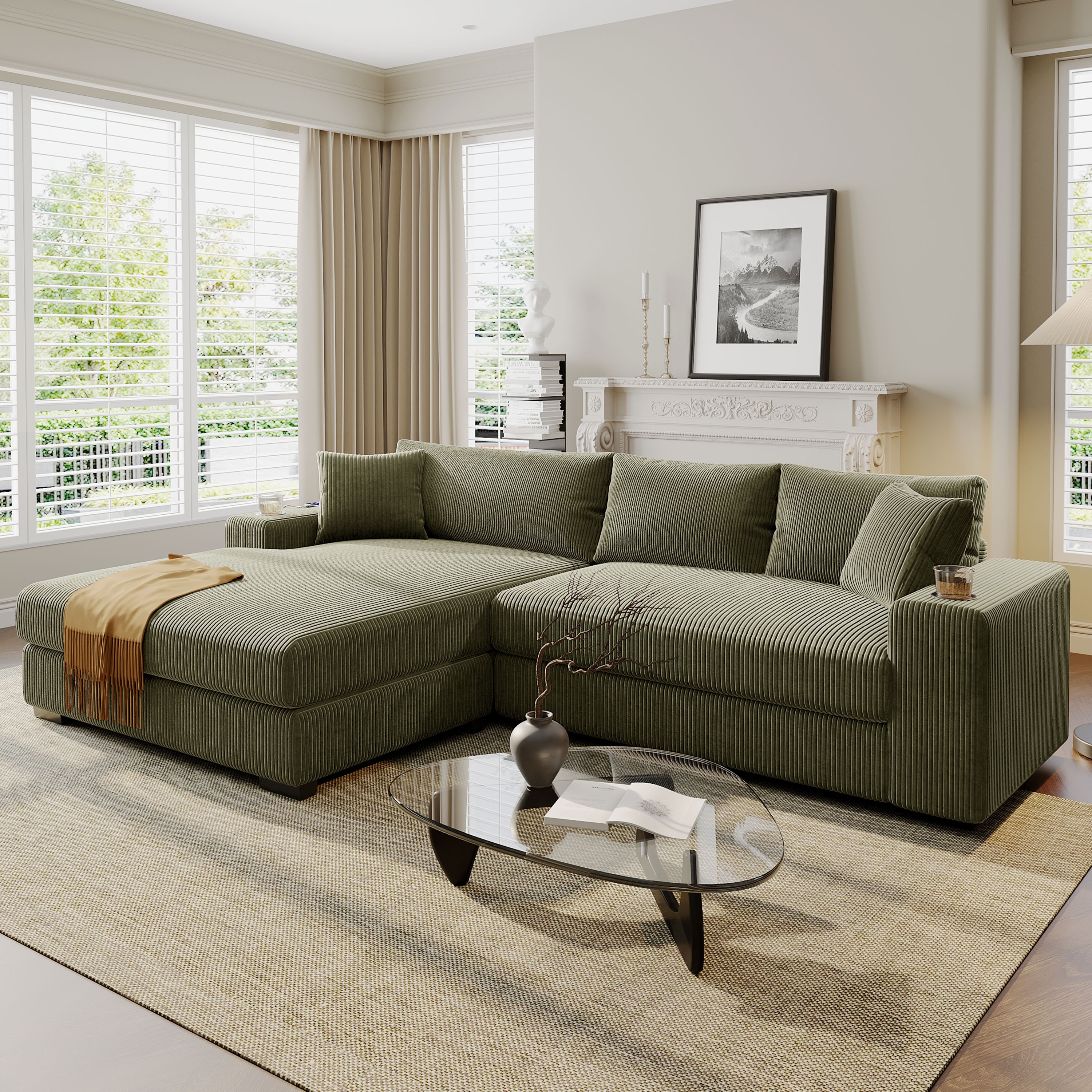 Large Sectional Sofa with Thick Cushions, and Built-in Cup Holders & Charging Ports