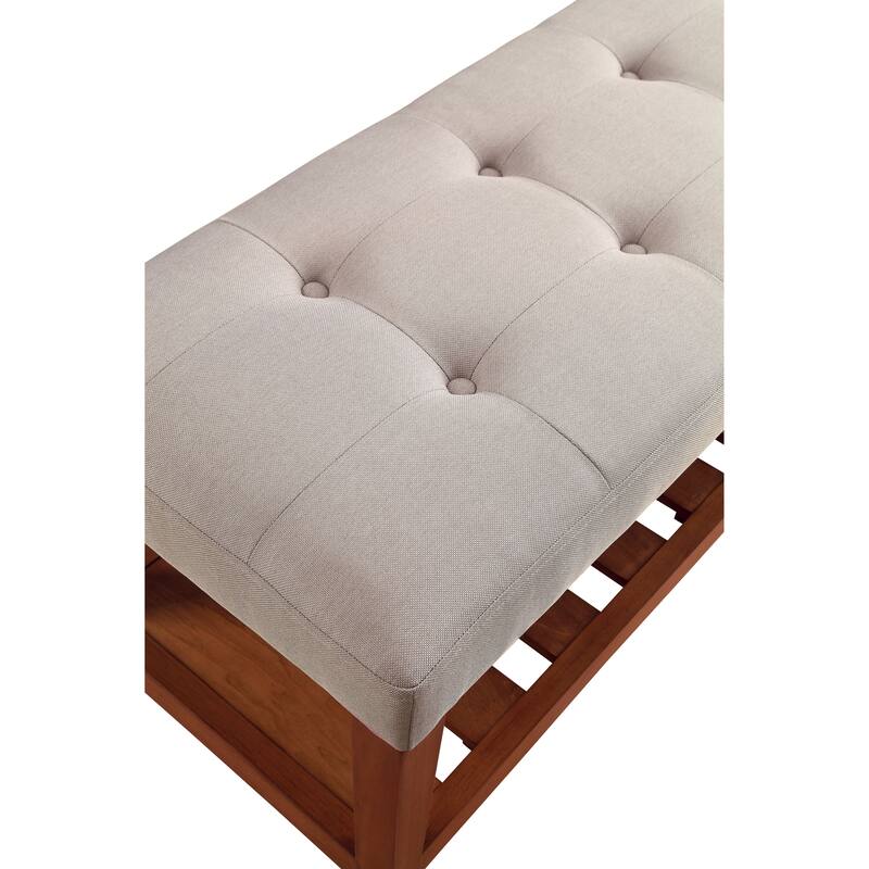Fabric Upholstered Storage Bench with Slatted Shelf and Tapered Legs