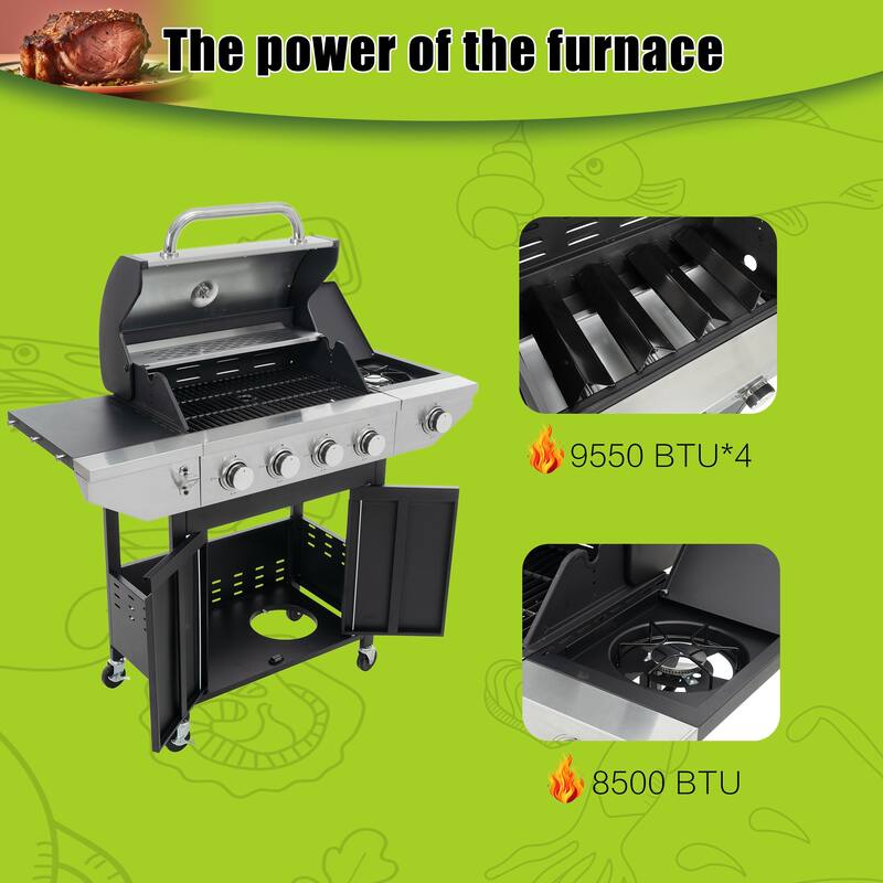 Propane Grill, Stainless Steel BBQ Grill with Side Burner and 4 Burner
