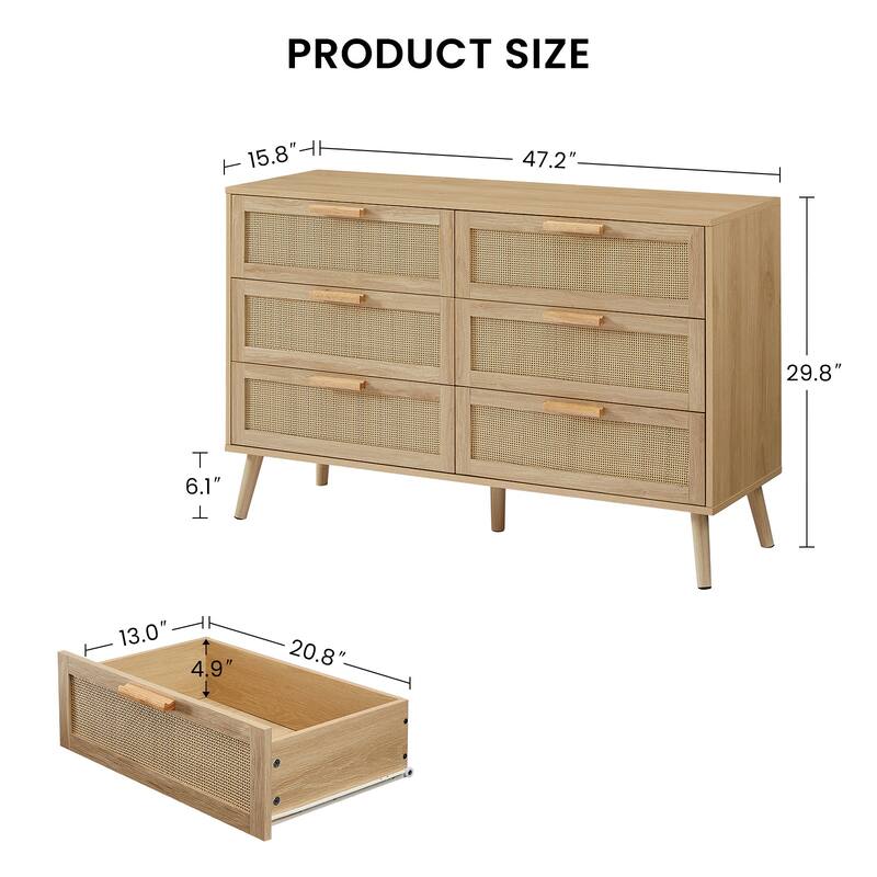 6 Drawer Double Dresser, Floor Standing Wooden Storage Cabinet, Storage Wardrobe Dresser with Gold Handles & Solid Wood Legs