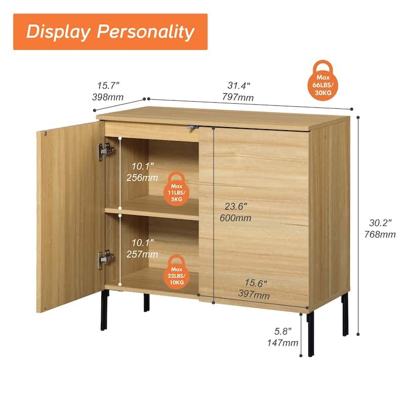 31.5" Wooden Reeded Sideboard With 2 Doors, Modern Credenza Storage Cabinet