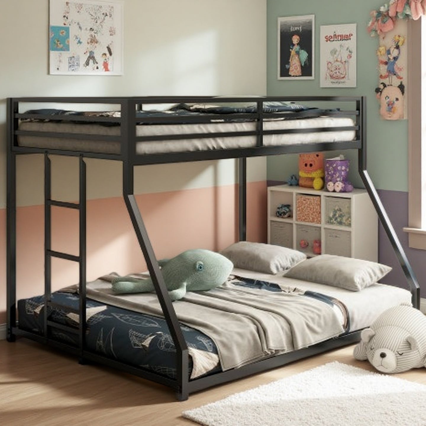 Twin over Full Metal Bunk Bed with Ladder and Full-Length Guardrails, Sturdy Squeak-Free Frame, Low-Profile Design