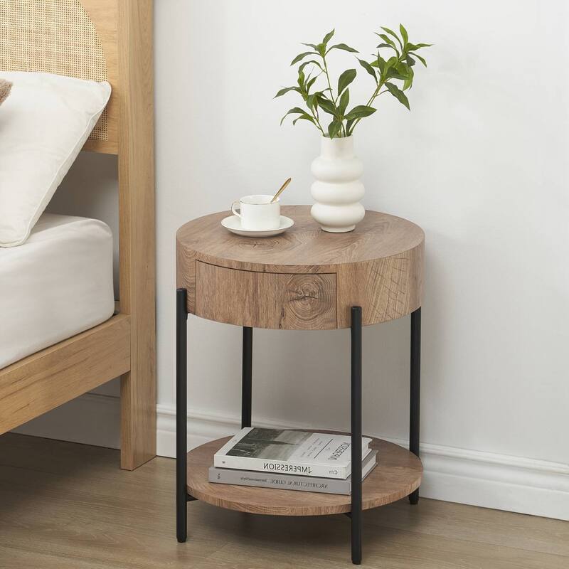 Rustic 2 Tier Wood Circle End Table with Drawer - Natural
