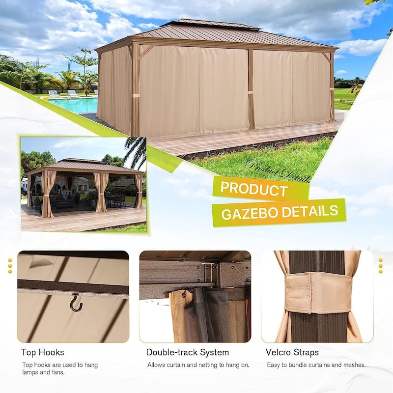 Outdoor Hardtop Gazebo, Wooden Finish Coated Aluminum Frame w Galvanized Steel Double Roof with Premium Curtains and Netting