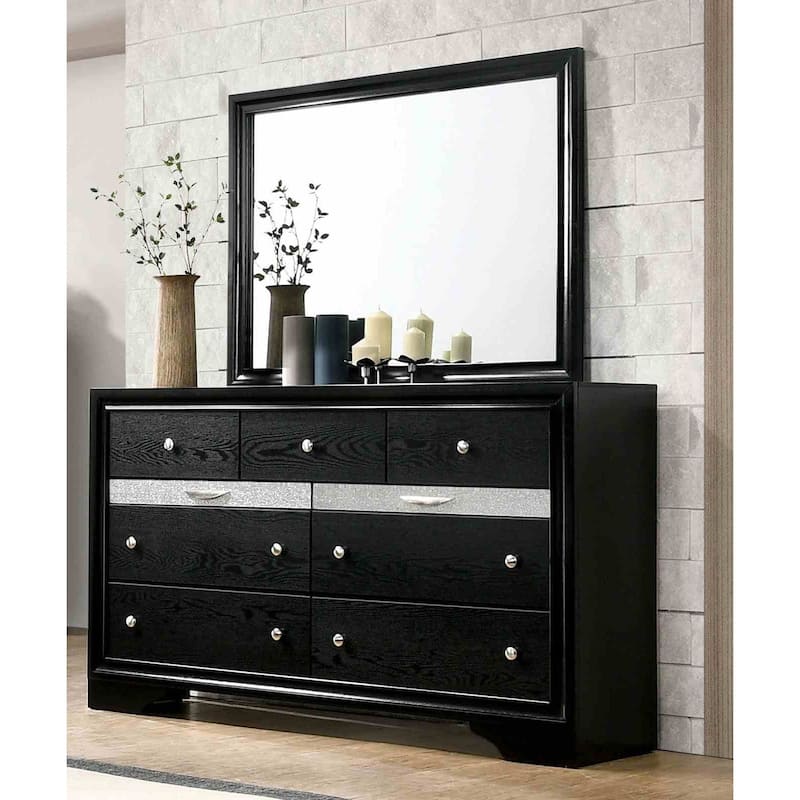 Contemporary Black Bedroom Set Bed Dresser Mirror Nightstand Chest with Silver Accents