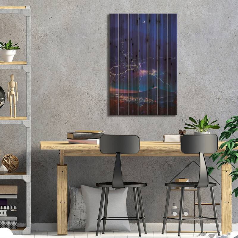 Tokyo Japan Mount Fuji Under A Lightning Storm Print On Wood by GEN Z - Multi-Color