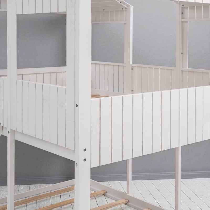 Full Over Full Wood Bunk Bed with Roof and Window, Guardrails and Ladder, House Style Frame for Kids