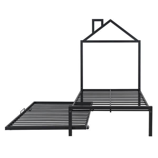 slide 2 of 14, Twin Metal Platform Bed with Twin Trundle, House-Shaped Headboard Design, Non-Noise Bedroom Low Bed Frame W/Support Slats, Black Black - Twin