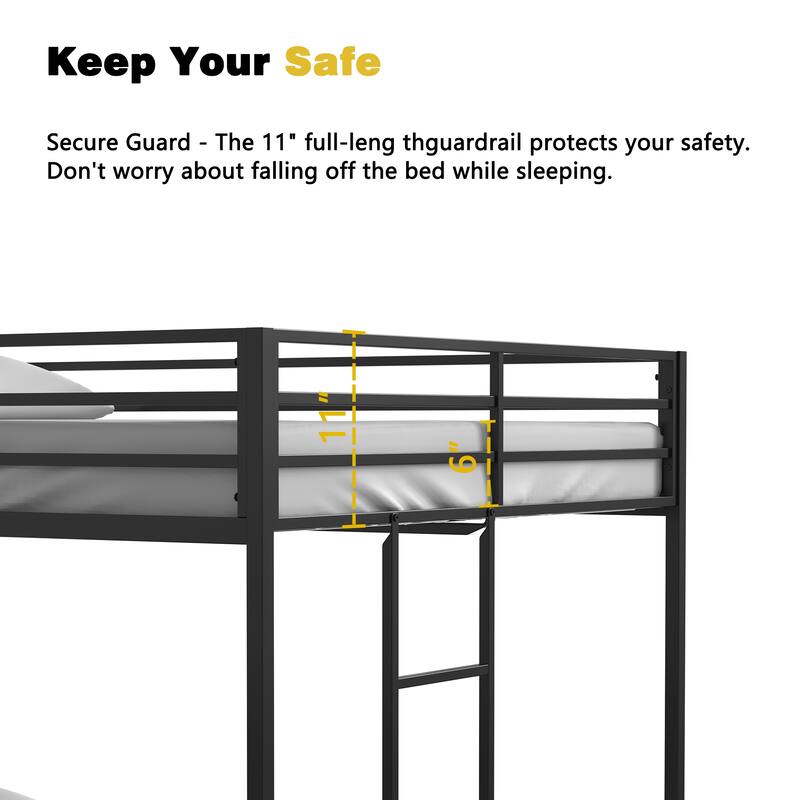 Full Over Full Metal Bunk Bed with Reversible Ladder and Guardrails, Low Profile Design