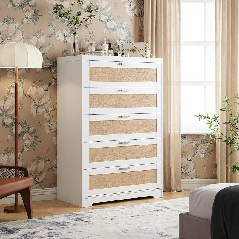 5 Drawers Tall Rattan Dresser, with Wide Top and Handles - White