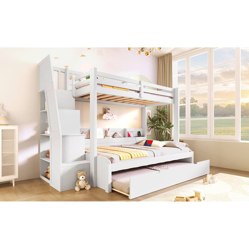Roomfitters Twin Over Full Bunk Bed with Storage Staircase, Trundle, LED and USB