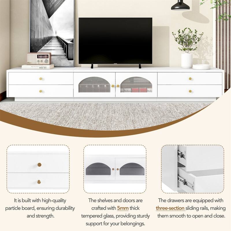 Luxurious TV Stand with Fluted Glass Doors, Elegant Media Console for TVs Up to 80'', TV Cabinet with Tempered Glass Shelf