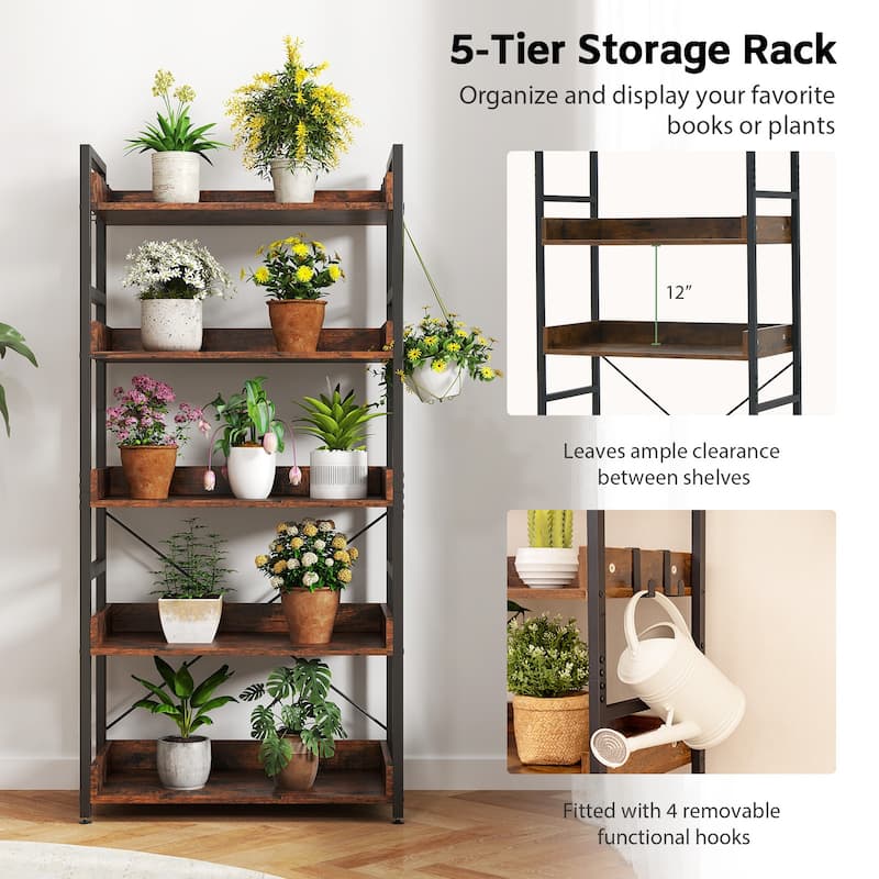 Rustic Brown Metal and Wood 5-Tier Bookshelf with Hooks and Anti-Tip Design - 27" x 13.5" x 57" (L x W x H)