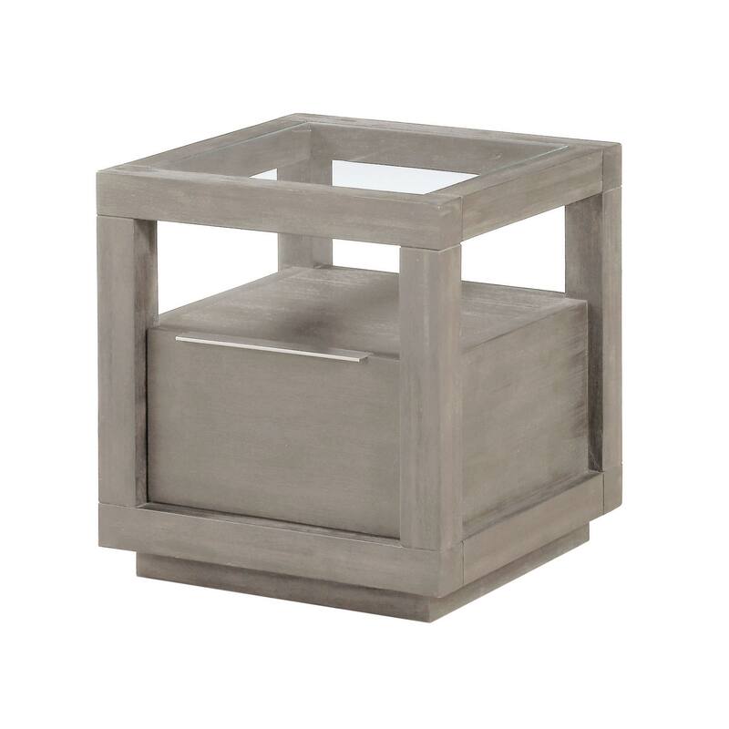 24 Inch End Table, 1 Drawer, Tempered Glass Surface, Plinth Base, Warm Gray