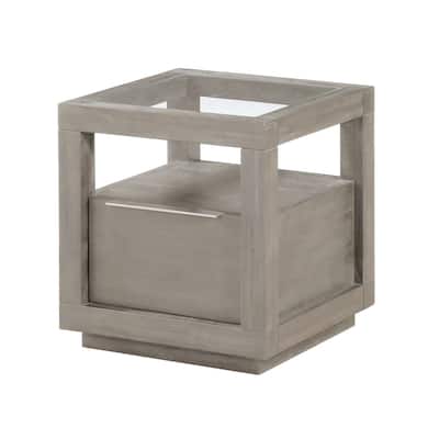 24 Inch End Table, 1 Drawer, Tempered Glass Surface, Plinth Base, Warm Gray