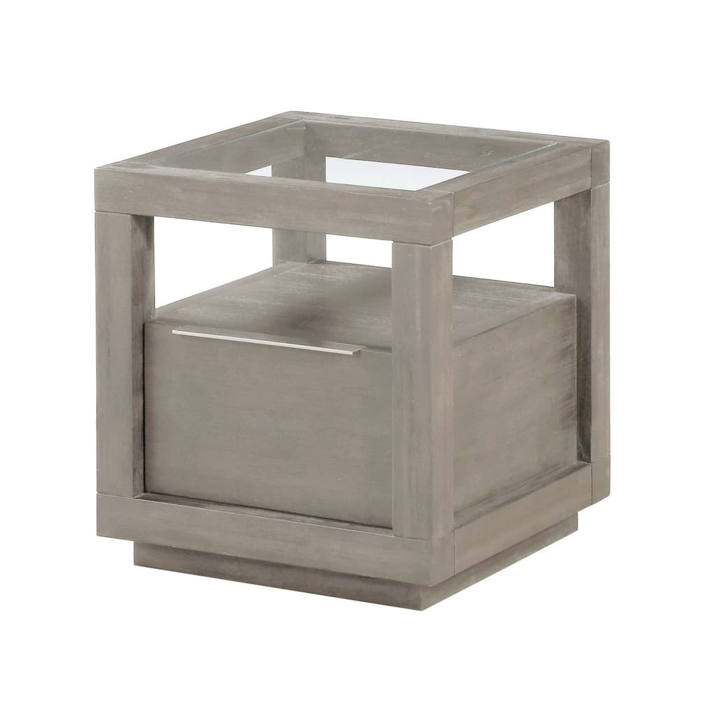 24 Inch End Table, 1 Drawer, Tempered Glass Surface, Plinth Base, Warm Gray