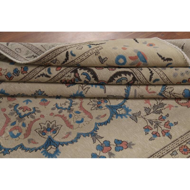 Floral Tabriz Persian Area Rug Traditional Beige Handmade Wool Carpet - 8'1"x 10'11"