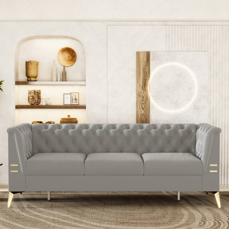 82'' Velvet 3 Seater Chesterfield Sofa Couch with Gold Metal Legs, High Rebound Sponge and Removable Cushions