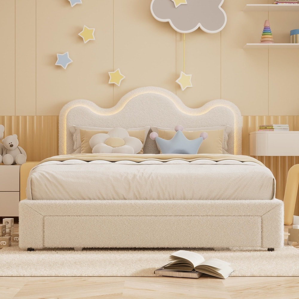 Upholstered LED Bed Frame, with Storage Drawer, No Box Spring Needed