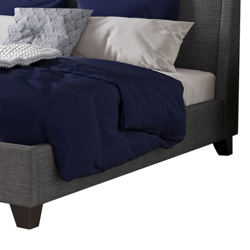 Atina King Bed, Dark Charcoal Gray Linen Upholstered, Slanted Headboard