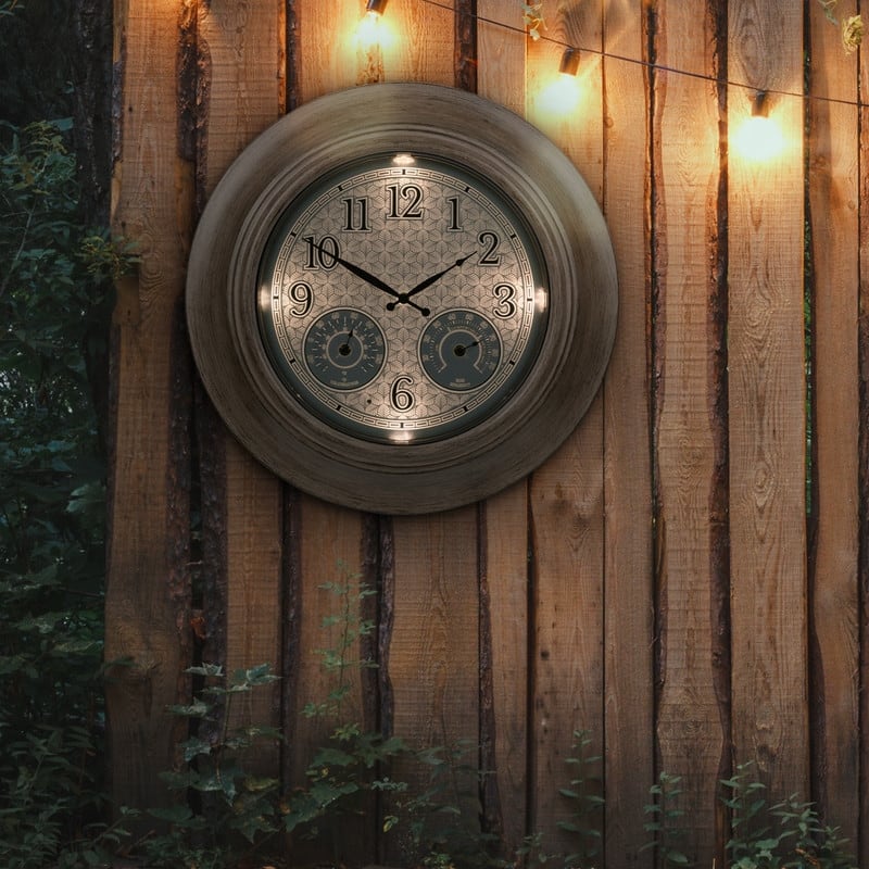 21" Brown Outdoor Lighted Leaves Quartz Clock with Temp and Humidity