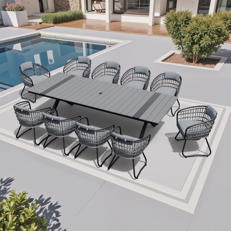 11-Piece Outdoor Dining Set Aluminum Dining Table with Cushioned PE Rattan Chairs - Grey table with grey cushion chair