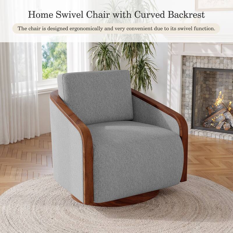 Upholstered Swivel Barrel Chair with Curved Wood Arms