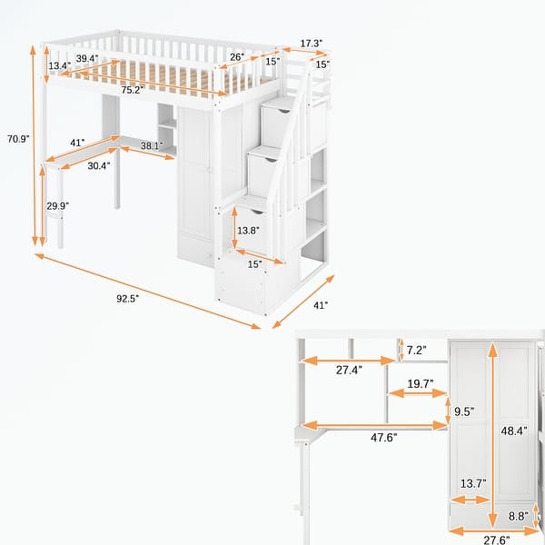 dimension image slide 1 of 2, Twin size Loft Bed with Bookshelf,Drawers,Desk,and Wardrobe