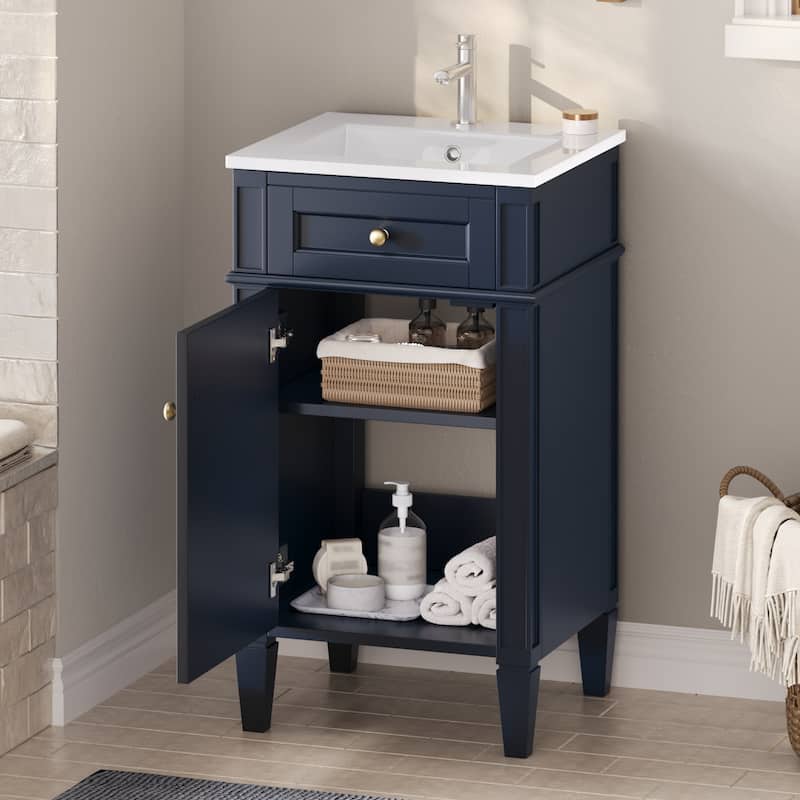 18" Freestanding Single Bathroom Vanity with Ceramic Sink, French Style Cabinet with Soft Close Door - Blue