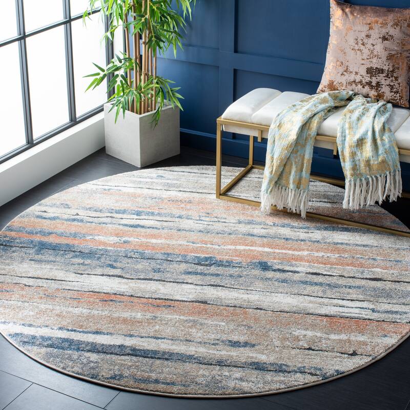 SAFAVIEH Coppertone Thaleia Abstract Distressed Rug - 6'7" Round - Ivory/Navy