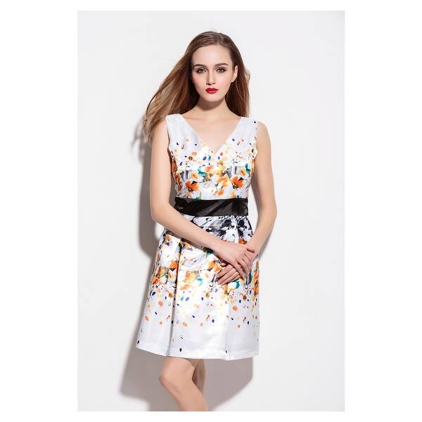 Shop White Floral Print V Neck Sleeveless Fit And Flare Summer