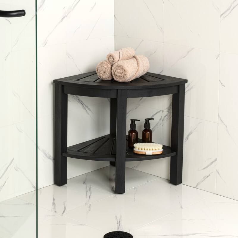 Maris 18" Solid Acacia Wood Indoor/Outdoor Corner Shower Bench with Shelf, By JONATHAN Y - 15.94L x 15.94W x 18.11H