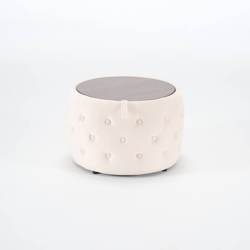 Luxurious Nesting Ottomans of 2, Round Storage Foot Stool with Wood Tray