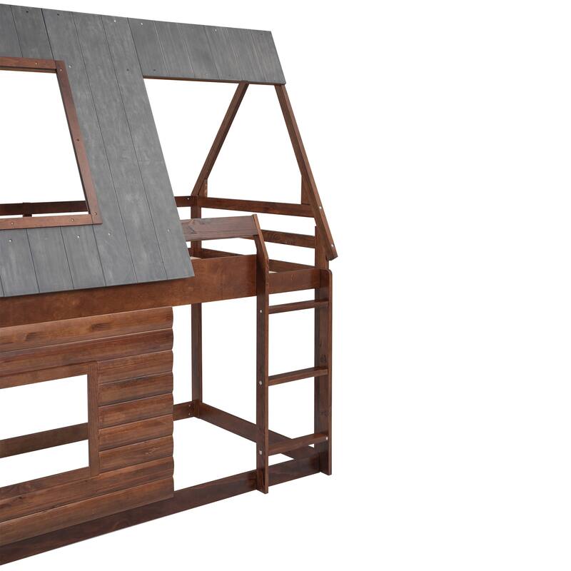 Wood House Bunk Bed with Roof