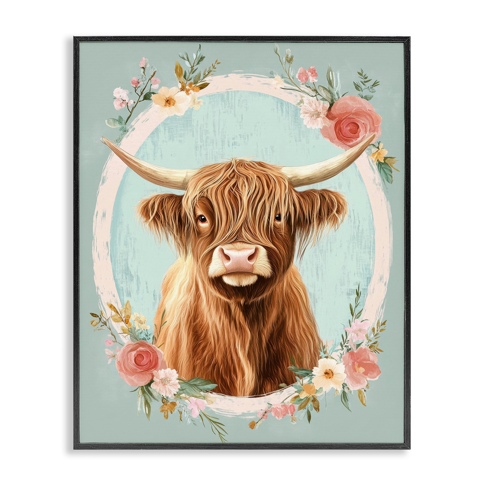 Stupell Highland Cow In Floral Border Framed Giclee Art Design By Petal Prints Design