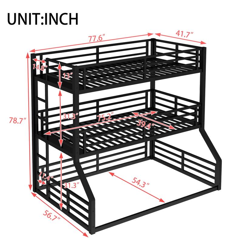 Roomfitters Twin over Twin over Full XL Metal Triple Bunk Bed with Safety Guardrails, Heavy-Duty Noise-Reduced Frame, Black