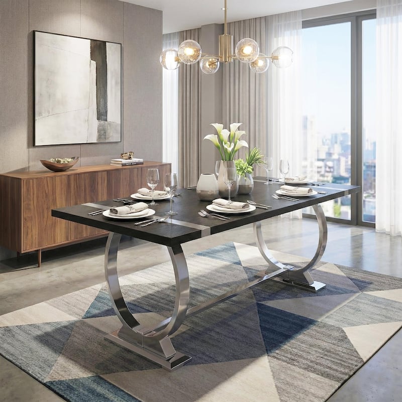 Furniture of America Carra Glam Stainless Steel Base 80-inch Dining Table - Black/Silver