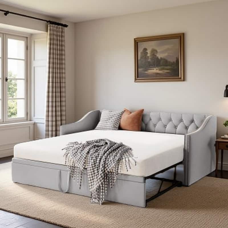 Twin Size Upholstered Daybed with Pop-Up Trundle, Expandable from Twin to King, Velvet with Armrests - Gray