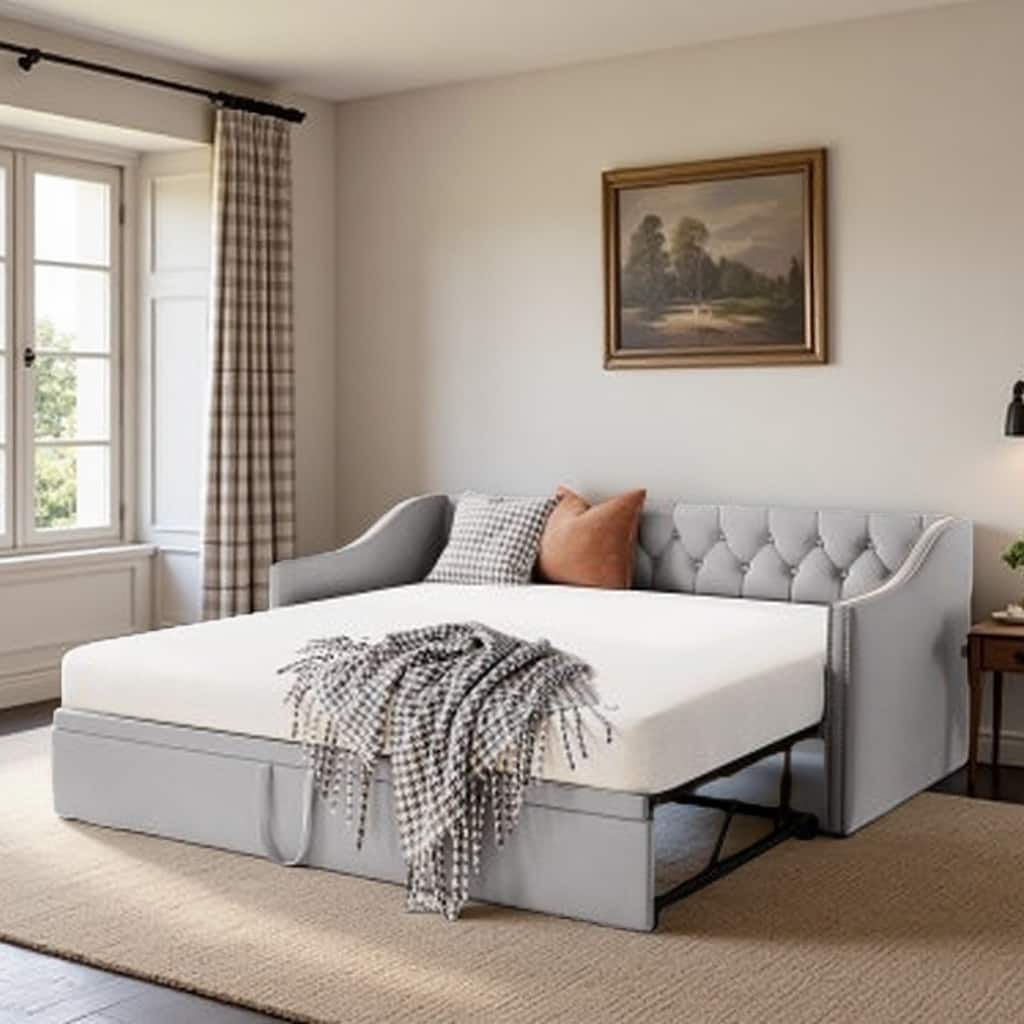 Twin Size Upholstered Daybed with Pop-Up Trundle, Expandable from Twin to King, Velvet with Armrests