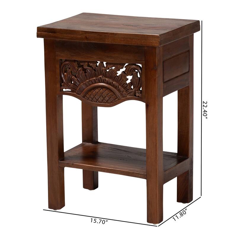 Alexandra Handcarved Mahogany Wood Nightstand - Decorative Accent Table with Lower Shelf, Traditional Artisan Furniture