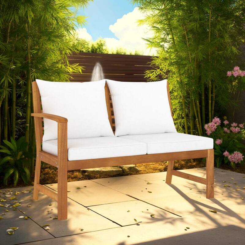 Patio Bench w White Cushions, Slatted Brown Solid Acacia Wood, 45 Inch