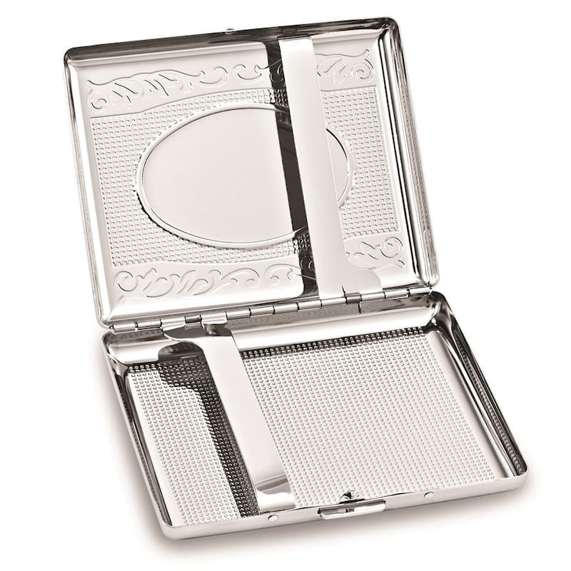 Curata Nickel-Plated Etched Filigree Design (Holds 20-100mm) Cigarette/Card Case with Oval Engraving Area